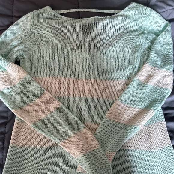 PINK Victoria's Secret Sweaters - PINK Victoria's Secret Green and White Striped Crew Neck Sweater